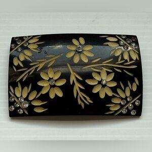 Intake Floral Inlaid Brooch Bakelite Bone & Rhinestone Floral Rectangle 2.5”